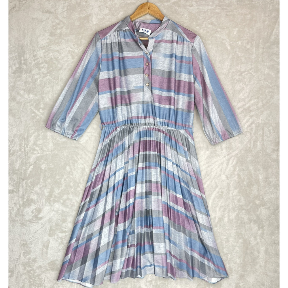Vtg 80s Cue Fashions Striped Pleated Midi Dress Size 16.5 Large Retro Glamoratti